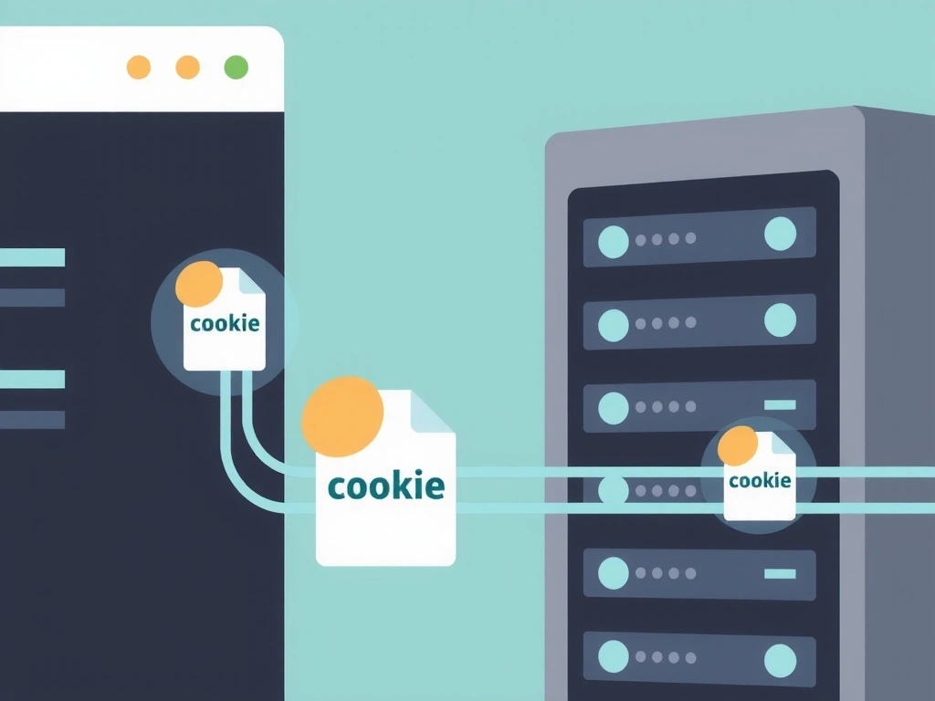 Illustration des différents types de cookies représentés par des petits fichiers numériques circulant entre un navigateur web et un serveur.