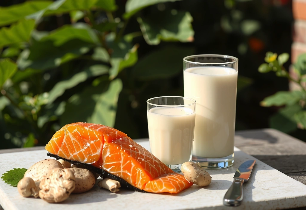 Poisson gras comme le saumon, des champignons et un verre de lait fortifié, sources de vitamine D, sous un soleil éclatant.